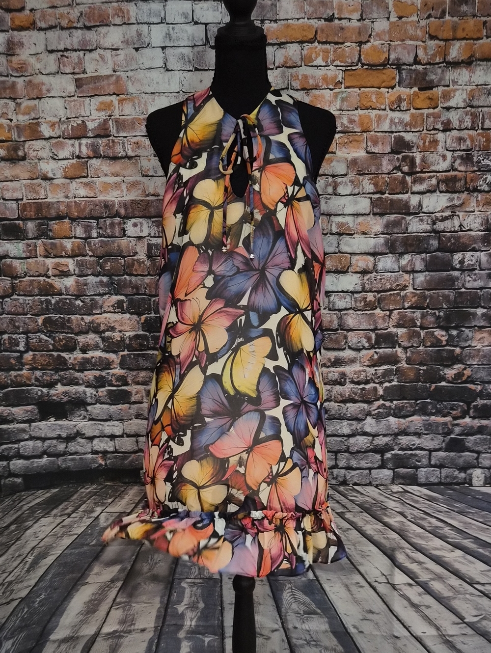 Atina Cristina Halter Midi Dress with Vibrant Butterfly Print - Multicolor